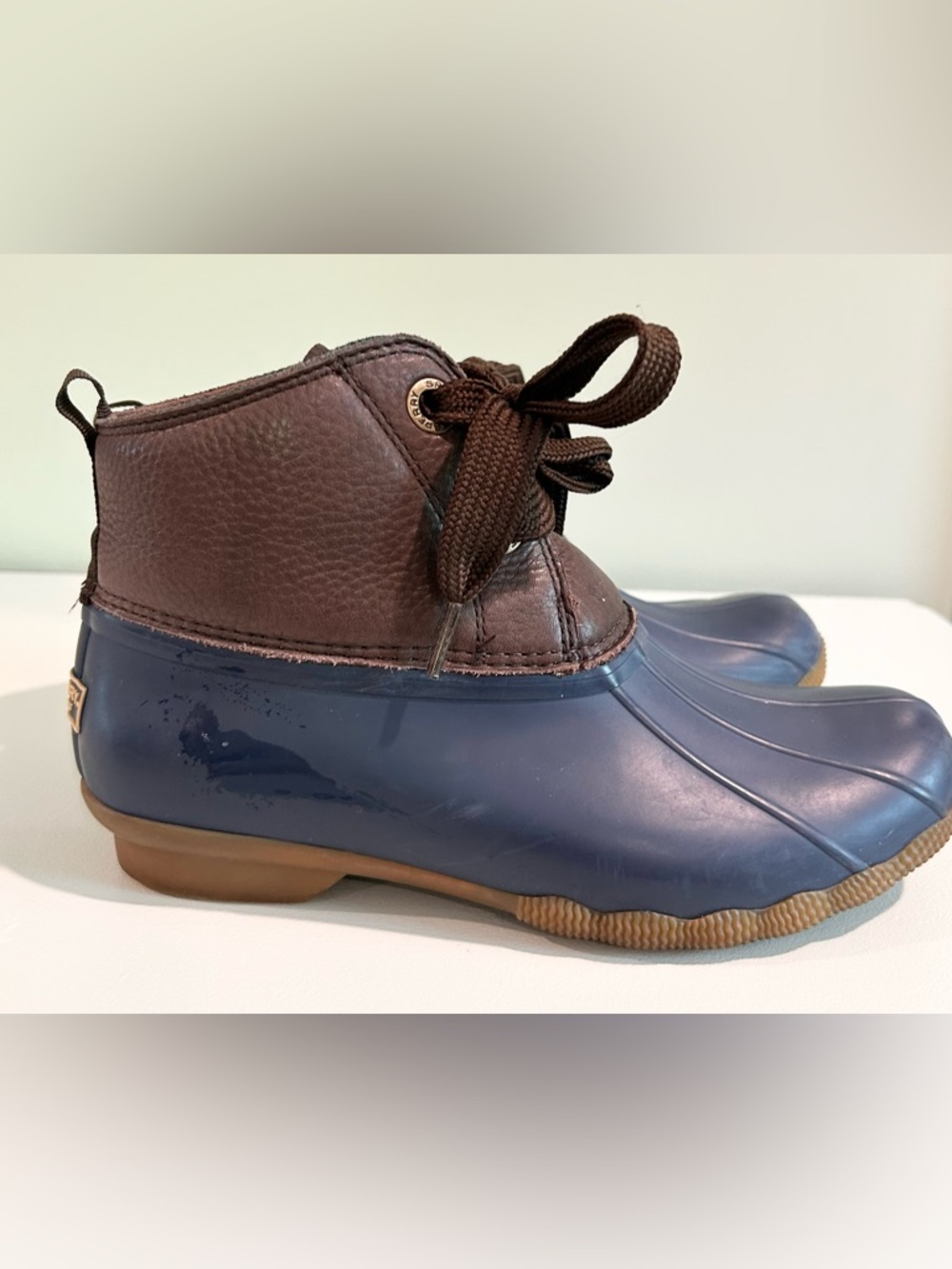 Sperry Saltwater Waterproof Duck Boots Brown Navy Leather Rain Boots 8.5 - Picture 9 of 11
